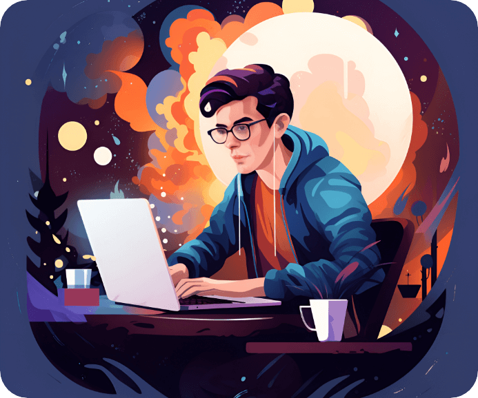 Ilustrație — copywriter lucrând noaptea la texte persuasive