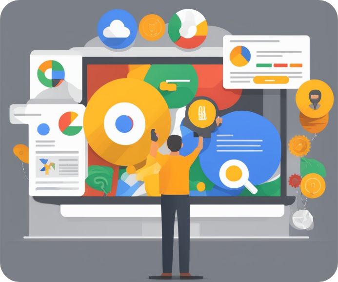 Ilustrație — gestionarea campaniilor Google Ads: căutare, display și remarketing