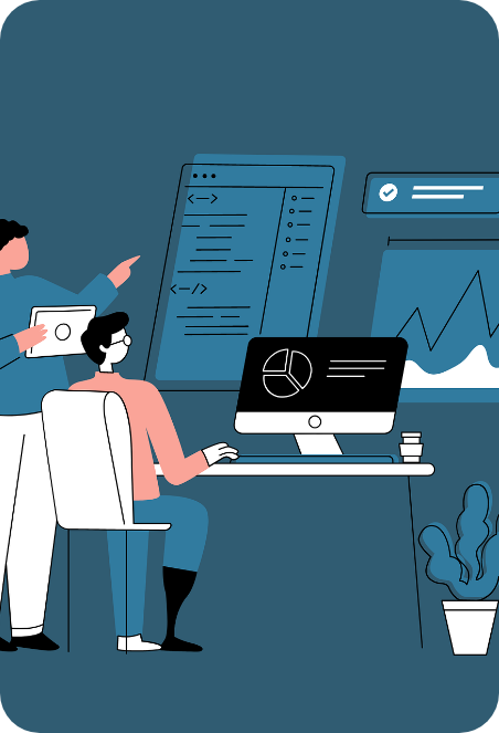Ilustrație — copywriter analizând date și texte pentru brandul unui client