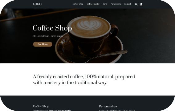 Site pentru o cafenea, cu meniu și prezentare de brand