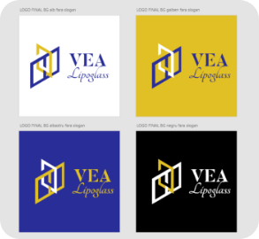 Logo VEA Lipoglass pe fundal alb, galben, navy și negru